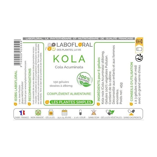 Kola noix Labofloral 150 gélules dosées à 280 mg - Complément alimentaire - Toniqu, fatigue, brûle-graisse- minceur - Fabriqu