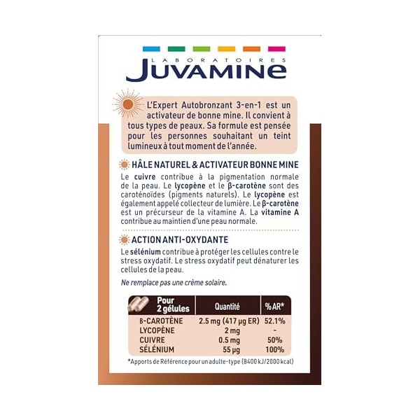 JUVAMINE - Expert Autobronzant 3 en 1 - Activateur Bonne Mine et Action Anti-Oxydante - Hâle naturel - 60 gélules végétales