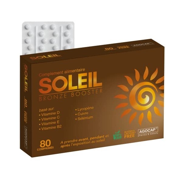 Soleil, Autobronzant Gelule. Accelerateur de bronzage avec Bêtacarotène, Sélénium, Lycopène, Vitamines. Autobronzant 80 compr