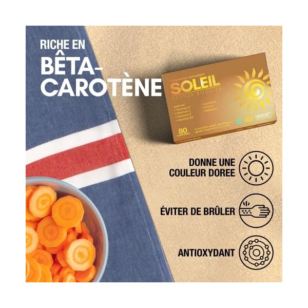 Soleil, Autobronzant Gelule. Accelerateur de bronzage avec Bêtacarotène, Sélénium, Lycopène, Vitamines. Autobronzant 80 compr