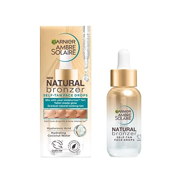 Garnier Ambre Solaire Bronzeur naturel, gouttes autobronzantes pour le visage, acide hyaluronique et eau de coco, éclat sur m