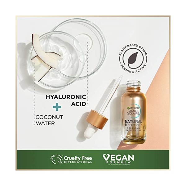 Garnier Ambre Solaire Bronzeur naturel, gouttes autobronzantes pour le visage, acide hyaluronique et eau de coco, éclat sur m