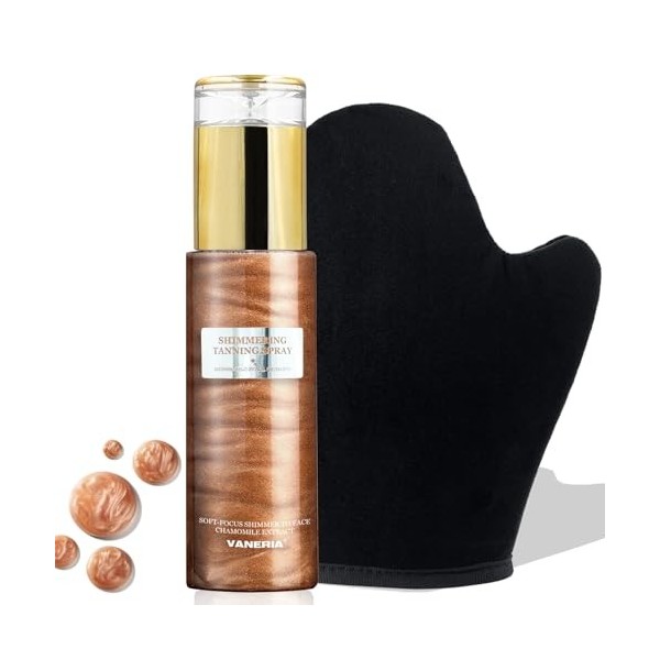 VANERIA Spray Bronzant Scintillant avec Gant de Bronzage, Autobronzant pour le Visage et le Corps avec des Pigments Perlés Sc