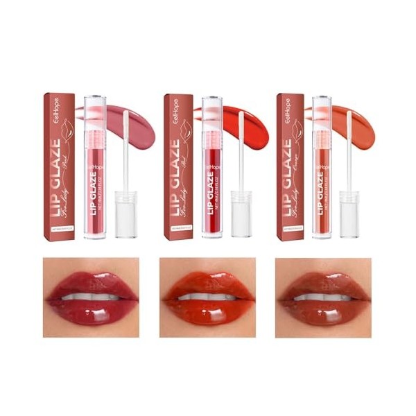 Set de Rouge à Lèvres Brillant,Rouge à Lèvres Liquide Hydratant et Anti-adhérent,3 Pcs de Rouge à Lèvres Repulpant,Longue Dur