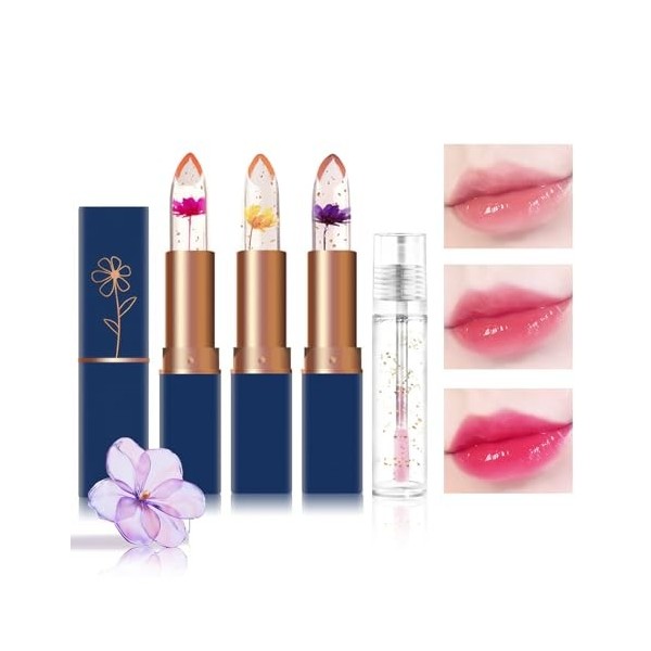 Getervb 3Pcs Rouge à Lèvres en Gelée Fleurs Magique Changement de Couleur Baume à lèvres Hydratant Longue Durée Brillant Glos