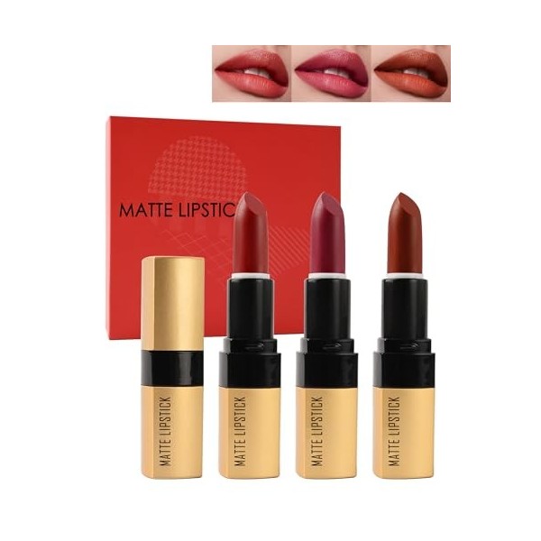 Rouge à Lèvres Mat Coffret cadeau-3 Couleur Velours Nude Rouges à Lèvres,Longue Tenue Waterproof Lipstick set Très Pigmenté F