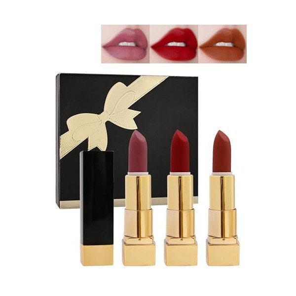 Rouge à Lèvres Mat Coffret cadeau-3 Couleur Velours Nude Rouges à Lèvres,Longue Tenue Waterproof Lipstick set Très Pigmenté F