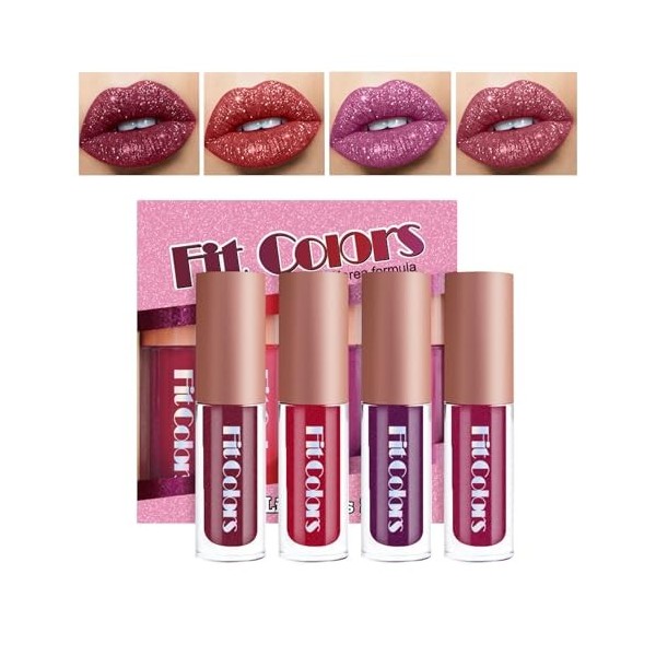 Métallique Briller Rouge à Lèvres, 4pcs Couleurs Glitter Lip Kit, Rouges à Lèvres Brillants Scintillants Liquides Diamantés, 