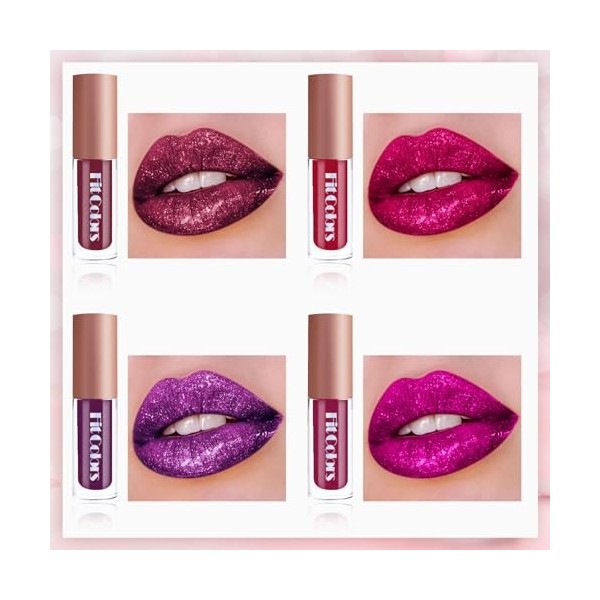 Métallique Briller Rouge à Lèvres, 4pcs Couleurs Glitter Lip Kit, Rouges à Lèvres Brillants Scintillants Liquides Diamantés, 