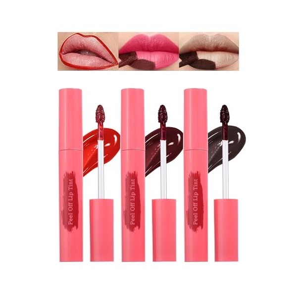 Lip Tint Stain Peel Off Set-3 couleurs Lipstain, Rouge à lèvres liquide imperméable longue durée, Matte Magic Tattoo Lip Line