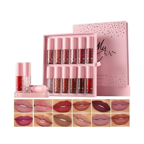 Welhammsae 12 Couleur Set Rouge à Lèvres Liquide, Mat Hydratant Scintillant Longue Durée Antiadhésif Brillant à Lèvres, Maqui