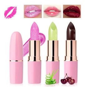 Likesing 3 Pièces Lot Rouge a Levre Rose Pailleté Aloe Vera Magique Change Couleur Jelly Lipstick Rouge Levre Mat Longue Tenu