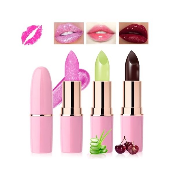 Likesing 3 Pièces Lot Rouge a Levre Rose Pailleté Aloe Vera Magique Change Couleur Jelly Lipstick Rouge Levre Mat Longue Tenu