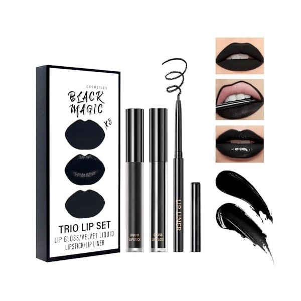 3 Pièces Rouge à Lèvres Liquide Noir Mat, Ensemble de Maquillage de Rouge à lèvres, Set de Crayon à Lèvres, Set de Gloss Long
