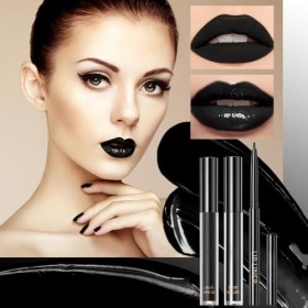 3 Pièces Rouge à Lèvres Liquide Noir Mat, Ensemble de Maquillage de Rouge à lèvres, Set de Crayon à Lèvres, Set de Gloss Long