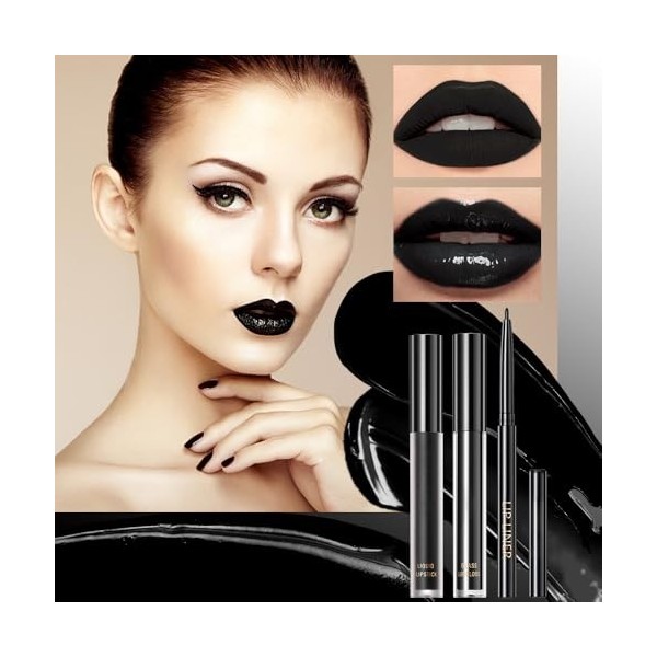 3 Pièces Rouge à Lèvres Liquide Noir Mat, Ensemble de Maquillage de Rouge à lèvres, Set de Crayon à Lèvres, Set de Gloss Long