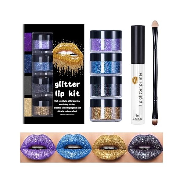 Horuili® 4 Couleurs Glitter Lip Kit, Rouge à Lèvres Glitter Kawaii, Maquillage des Lèvres Pailletées, Avec Apprêt pour les Lè