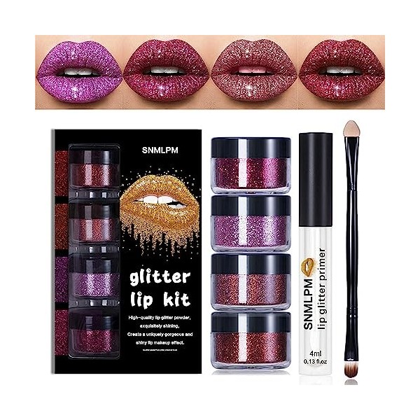 Horuili® 4 Couleurs Glitter Lip Kit, Rouge à Lèvres Glitter Kawaii, Maquillage des Lèvres Pailletées, Avec Apprêt pour les Lè