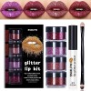 Horuili® 4 Couleurs Glitter Lip Kit, Rouge à Lèvres Glitter Kawaii, Maquillage des Lèvres Pailletées, Avec Apprêt pour les Lè