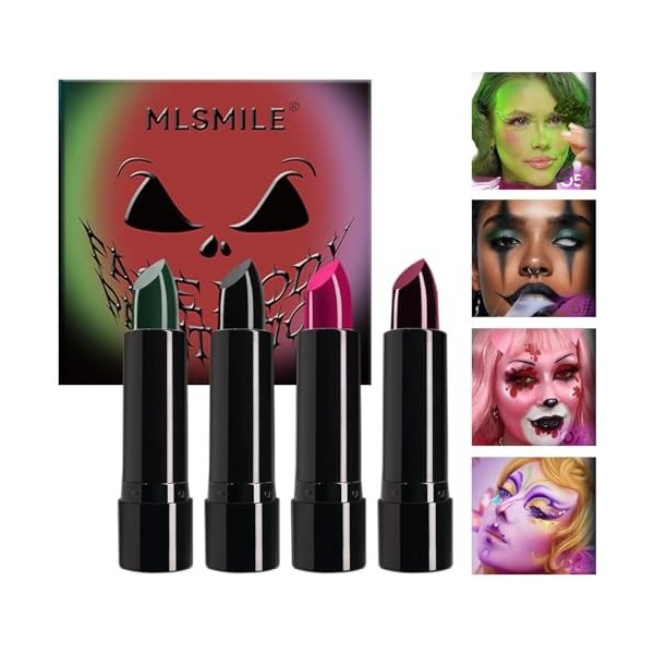 Ensemble de Rouge à Lèvres Liquide Mat 4Colors, Maquillage d’Halloween Rose Bordeaux Vert Noir, Rouge à Lèvres Noir Gothique,