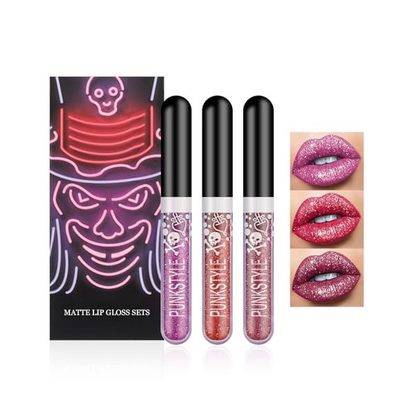 Horuili® 3 Couleurs Glitter Lip Kit, Brillant à Lèvres Scintillant Kit, ouge à Lèvres Brillant Liquide Mat, Imperméable et Du