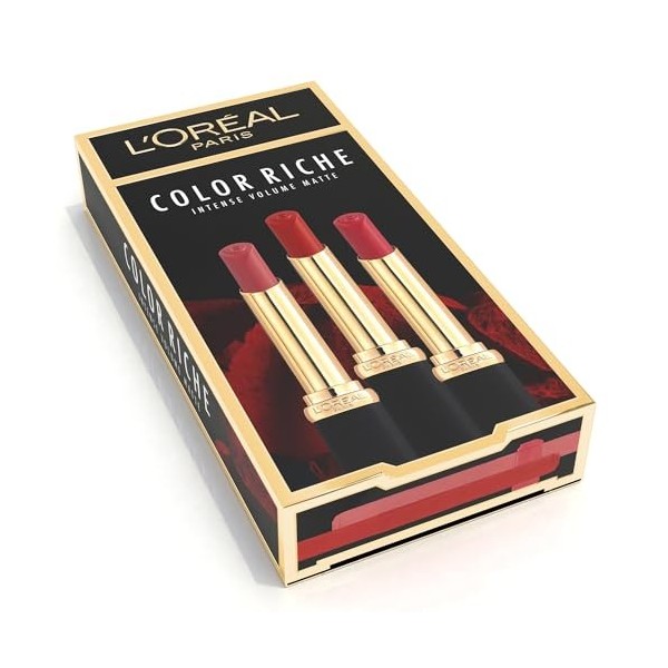 LOréal Paris - Coffret 3 Rouges à Lèvres - Mat et repulpant - Color Riche - Teintes : Nude Independant 640 , Rouge détermin