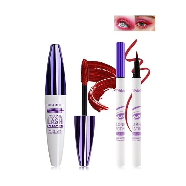 5D Rouge Fibre de Soie Mascara et Eyeliner Liquide Set,Eyeliner Liquide Waterproof Anti-salissures,Longue durée Volumizing Cu