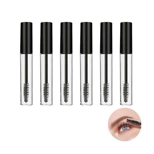 6 Pièces Tube Mascara Vide, 10 ml Flacon Maquillage des Yeux Transparent, Vide Mascara Tubes avec Brosse à Cils, Cils Brosse 