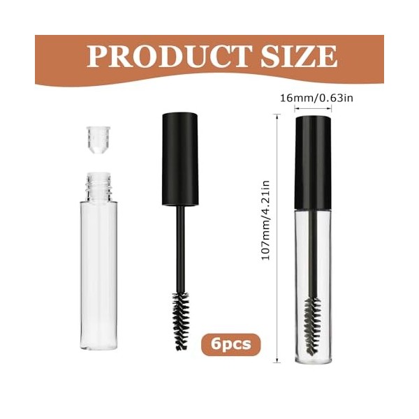 6 Pièces Tube Mascara Vide, 10 ml Flacon Maquillage des Yeux Transparent, Vide Mascara Tubes avec Brosse à Cils, Cils Brosse 