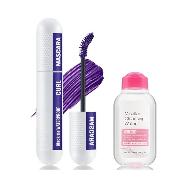 Apooliy Set de mascara et démaquillant coloré, mascara noir anti-boulochage, mascara bleu violet, mascara volumineux de charm