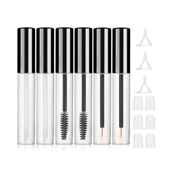 Giantree Lot de 6 tubes de mascara vides de 10 ml avec brosse et tube transparent rechargeable pour crème à cils et cosmétiqu