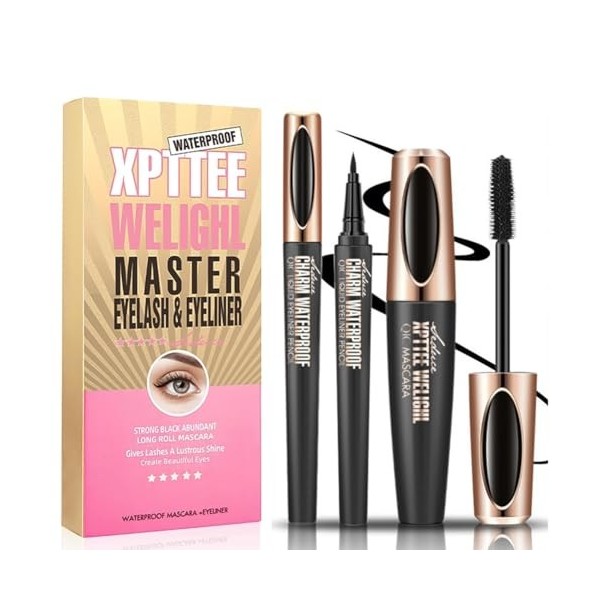 4D Silk Fiber Mascara & Eyeliner Pen, Eyeliner Mascara 2 en 1, Extra Long Voluminous Lash Mascara, Eyeliner Liquide, Mascara 