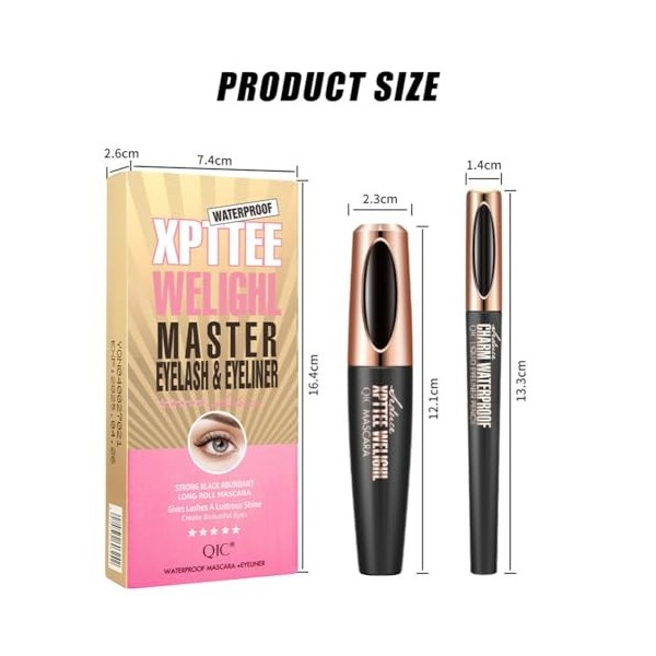 4D Silk Fiber Mascara & Eyeliner Pen, Eyeliner Mascara 2 en 1, Extra Long Voluminous Lash Mascara, Eyeliner Liquide, Mascara 