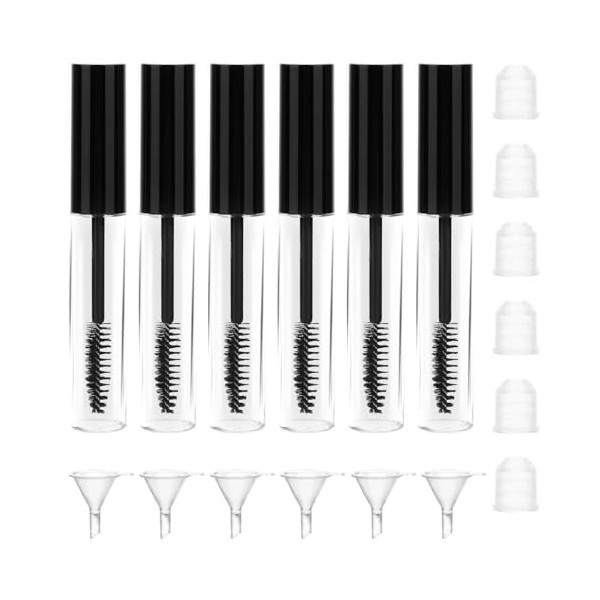 COMNICO Lot de 6 tubes de mascara vides de 10 ml avec 6 inserts en caoutchouc et entonnoirs - Brosse à cils portable avec bag