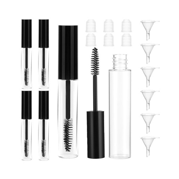 COMNICO Lot de 6 tubes de mascara vides de 10 ml avec 6 inserts en caoutchouc et entonnoirs - Brosse à cils portable avec bag