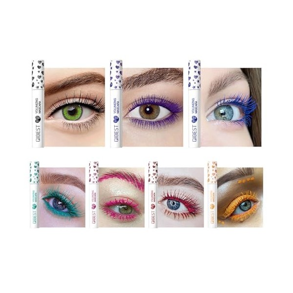 Joyeee Mascara Couleur, 7PCS Mascara Bleu Rose Vert Marron Waterproof Effet Faux Cils Volume, Long Lasting Thicky Allongement