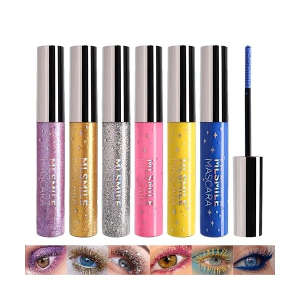 Sitovely 6PCS Mascara Coloré Pailleté pour Cils, Glitter Colored Mascara for Eyelashes, Mascara étanche Diamant étincelant, M