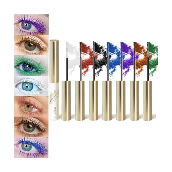 Joyeee Mascara Couleur, 7PCS Mascara Bleu Rose Vert Marron Waterproof Effet Faux Cils Volume, Long Lasting Thicky Allongement