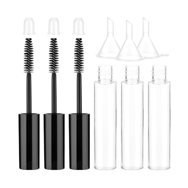 Lot de 3 tubes vides de 10 ml avec bague-cils, brosse à cils vide avec récipient, flacon de mascara vide rechargeable en plas