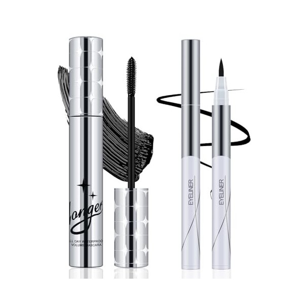 Apooliy Duo de mascara noir et deye-liner liquide, résistant à leau et aux bavures, pour un maquillage des yeux audacieux e