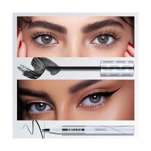 Apooliy Duo de mascara noir et deye-liner liquide, résistant à leau et aux bavures, pour un maquillage des yeux audacieux e