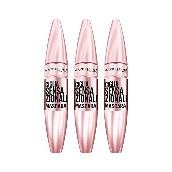 3 x Maybelline New York Ciglia Sensationnelles Mascara Volumisant Couleur Very Black Effet éventail Sans Grumes - Lot de 3 Ma