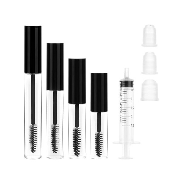 Lot de 4 tubes de mascara vides - Avec entonnoir et seringue de 2,5 ml - Baguette magique pour cils - Flacon de crème pour ci