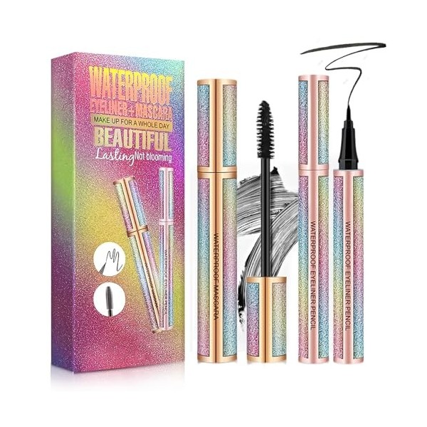 1 4D Lash Extension Mascara et 1 Eyeliner Liquide, Coffret Mascara Waterproof, Volumateur, Allongeant, Recourbant, Kit de Maq