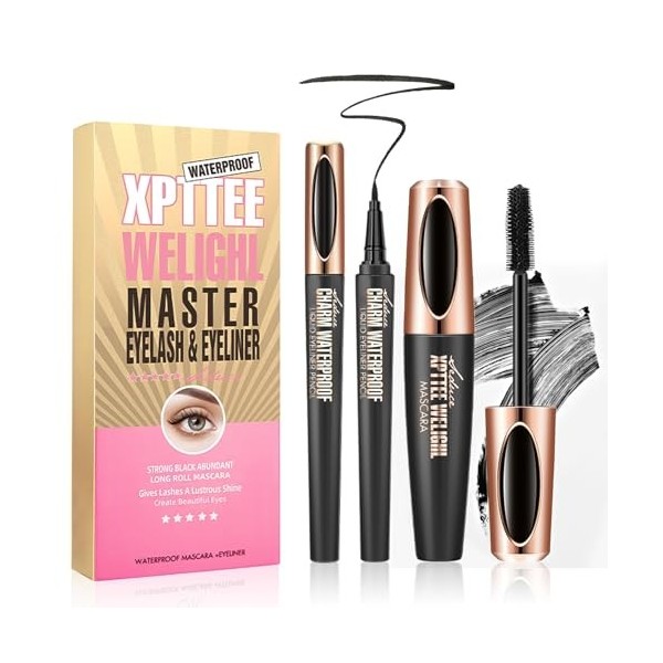 1 4D Lash Extension Mascara et 1 Eyeliner Liquide, Coffret Mascara Waterproof, Volumateur, Allongeant, Recourbant, Kit de Maq