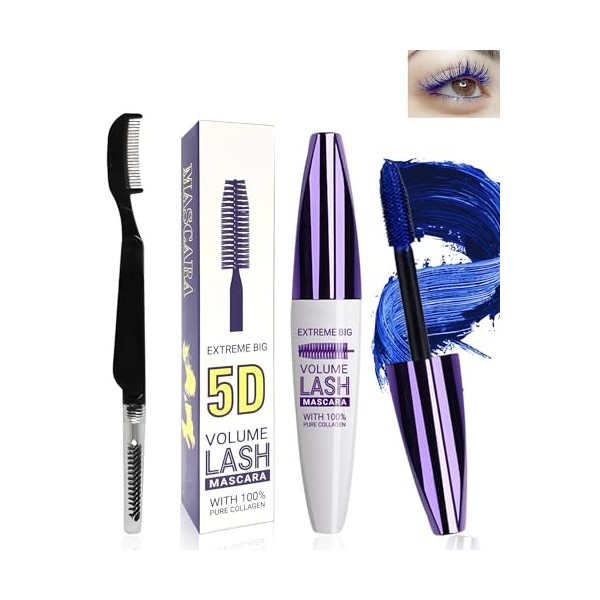 5D Silk Fiber Bleu Violet Mascara Volume et Longueur with brosse a cils, Waterproof et Longue Tenue avec une Définition Préci