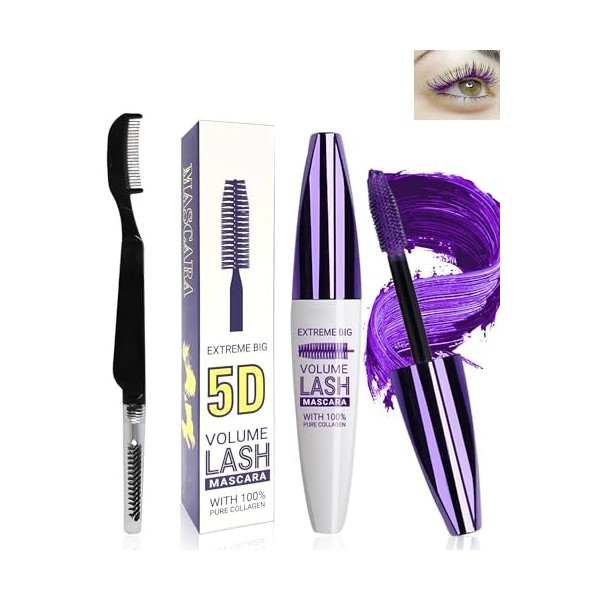 5D Silk Fiber Bleu Violet Mascara Volume et Longueur with brosse a cils, Waterproof et Longue Tenue avec une Définition Préci