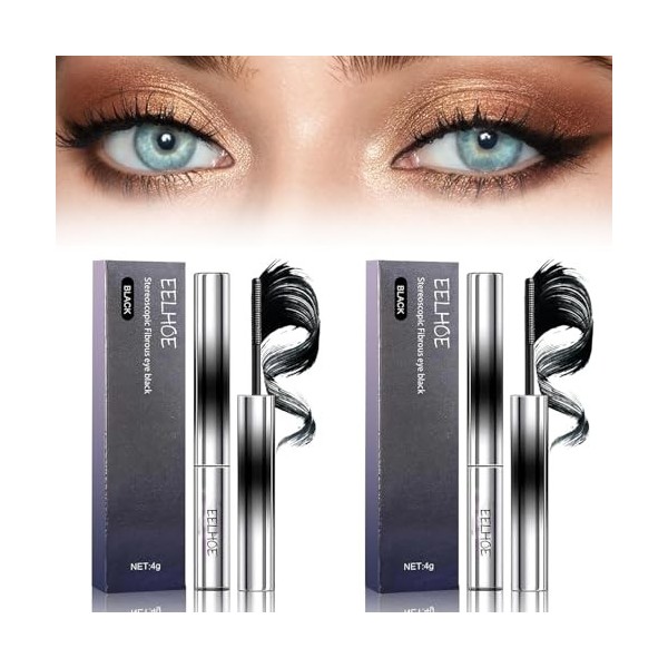 2PCS Mascara,Mascara Noir,Noir Mascara,3D Curling Eyelash Iron Mascara,Mascara Waterproof et Anti-taches,Long Lasting,No Flak