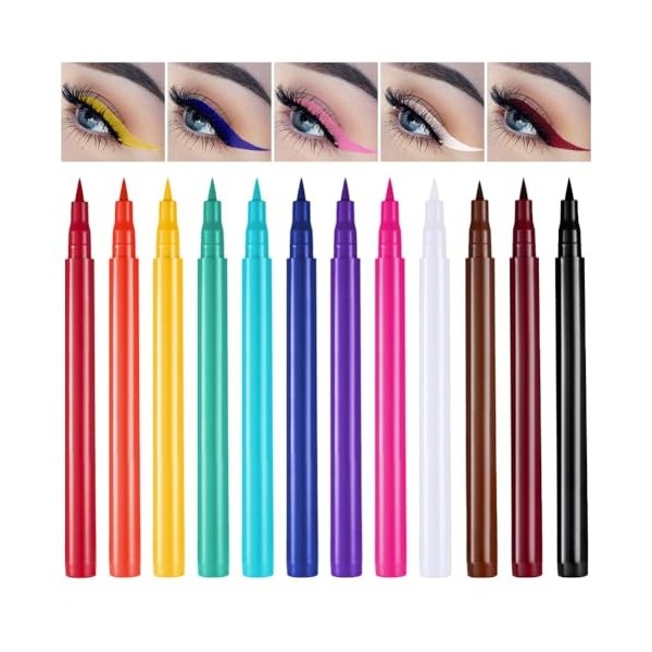 12 Couleurs Eyeliner Colorés, Imperméable Longue Durée Séchage Rapide Lisse Sans Taches Stylo Eyeliner Coloré Ensemble Crayon