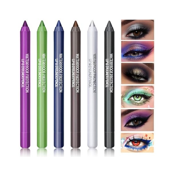 Likesing 6 Pièces 3in1 Eye Liner Lip Liner Crayon Fard a Paupiere Crayon a Levre Metallic Crayon Yeux Noir Marron Blanc Bleu 